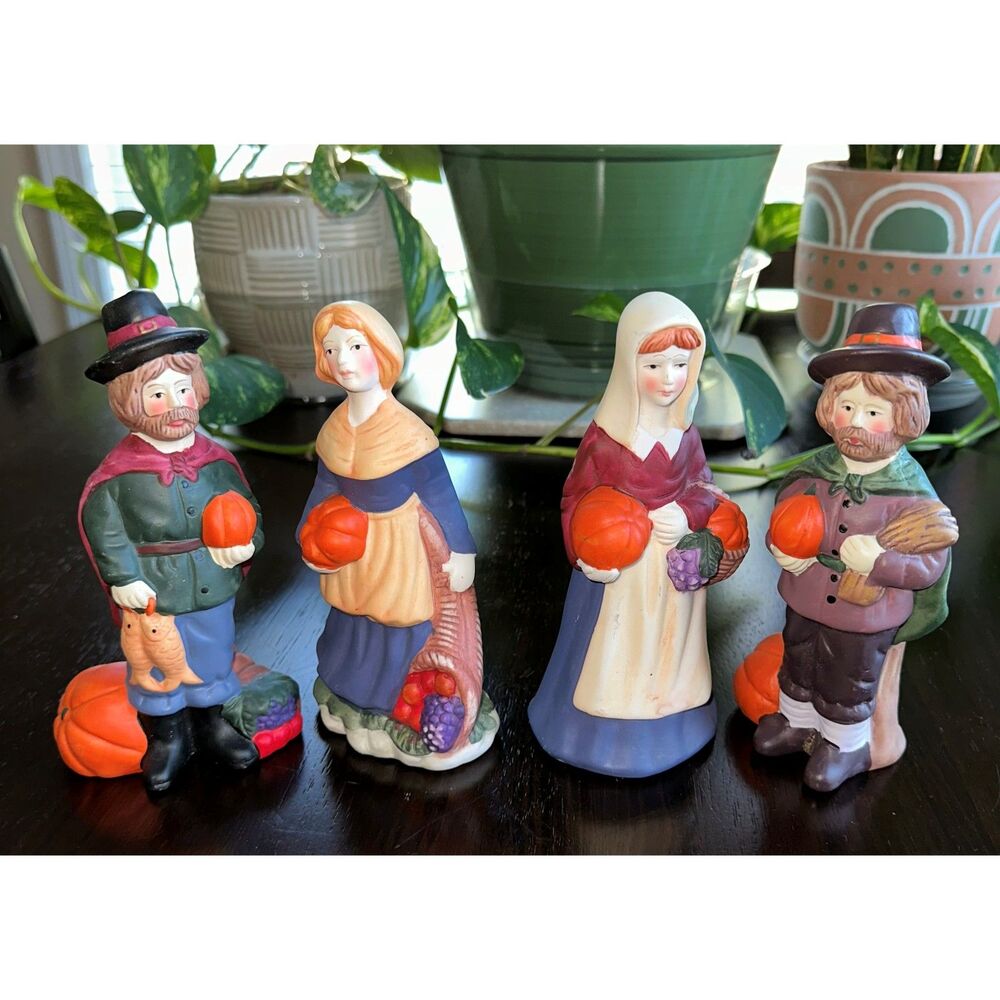 Vtg K's Collection Hand-Painted Thanksgiving Pilgrims Couples Holiday Pumpkin